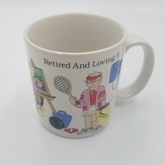 Vintage Russ Retired Retirement Mug Coffee Cup Tennis Knit Travel Bowl Bike - Picture 2 of 5